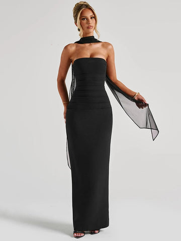 Mozision Sjaalkraag Strapless Sexy Maxi-jurk - Elegante Off-Shoulder Bodycon voor Vrouwen 