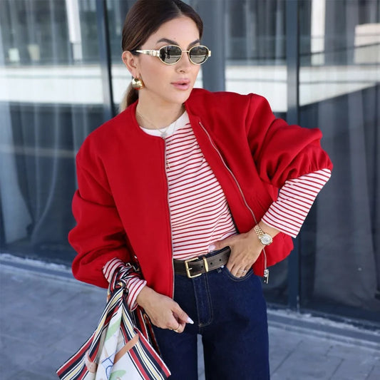 MUJER Rode Bomberjacks met Ritssluiting voor Dames - Zacht Cropped Sportjack met Lange Mouwen 2025