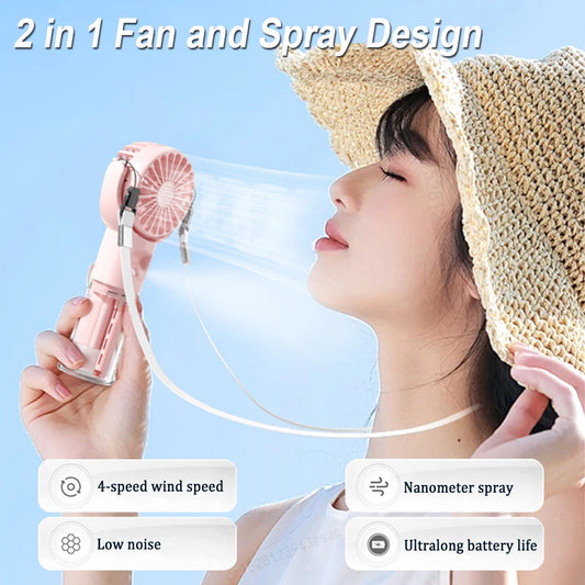 Portable Water Mist Fan - Mini Handheld USB Charging, 4 Speeds, Neck Spray Fan