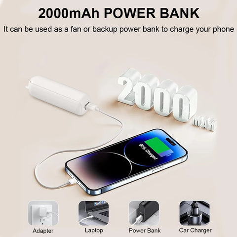 Mini Portable Handheld Fan 2000mAh USB Rechargeable - Compact Folding Fan with Power Bank