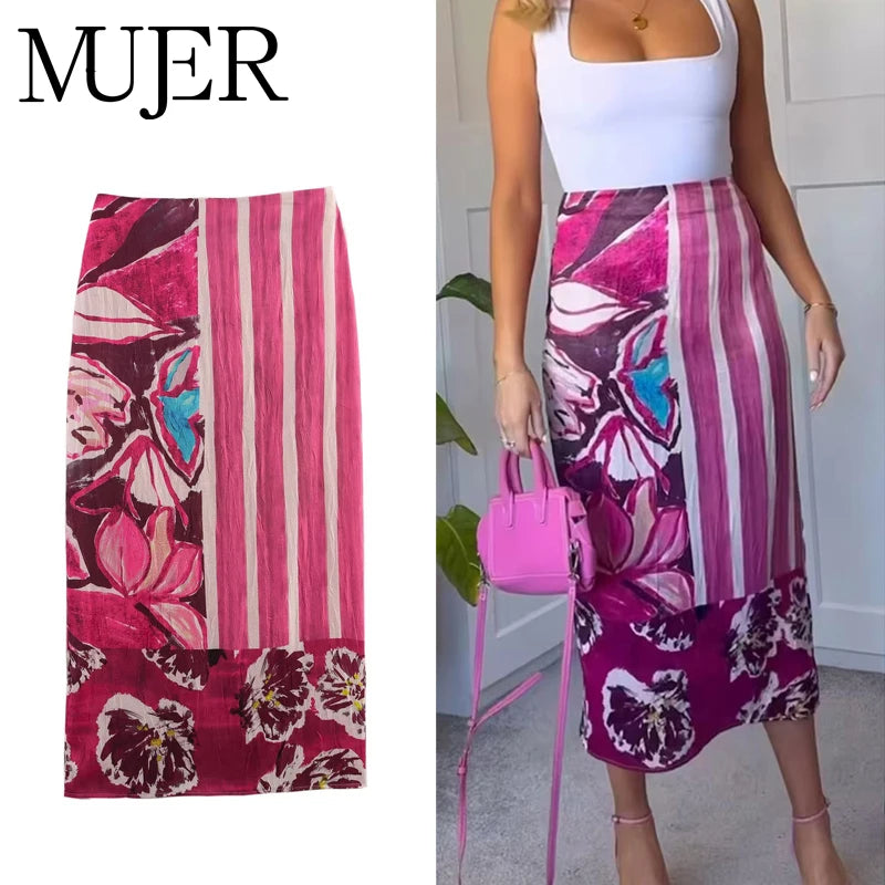 MUJER Print Satin Long Skirts for Women - High Waist Midi Skirt
