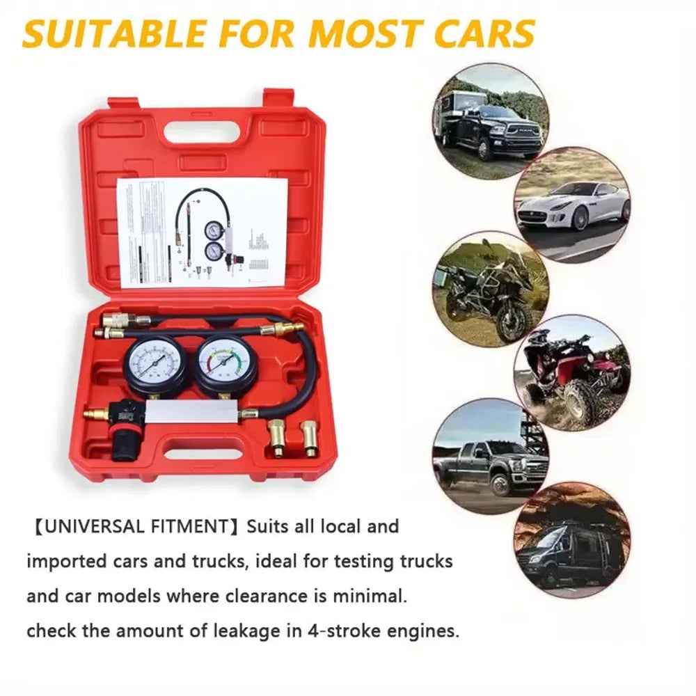 Car Cylinder Leak Down Tester TU-21 - Gasoline Engine Compression Tester Kit with Dual Gauge and Red Case
