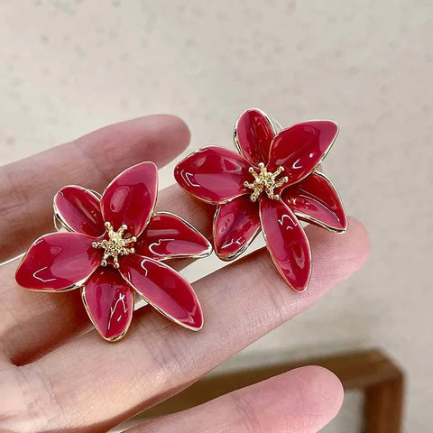 Vintage Red Enamel Flower Stud Earrings - Sweet Dripping Oil Style for Women