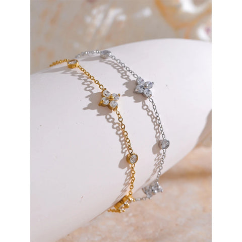 Yhpup Delicate Cubic Zirconia Flower Chain Thin Bracelet Bangle - Rust Proof Stainless Steel Jewelry for Office Ladies