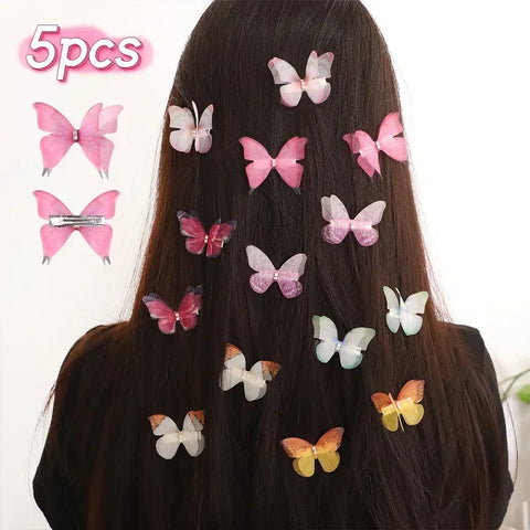 5pcs/set Cute Mesh Double-layer Simulation Butterfly Hairpins – Colorful Gradient Headwear for Lovely Girls
