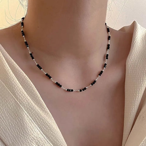 Vintage Black Crystal Glass Bead Chain Choker Necklace for Women - Handmade Jewelry for Parties