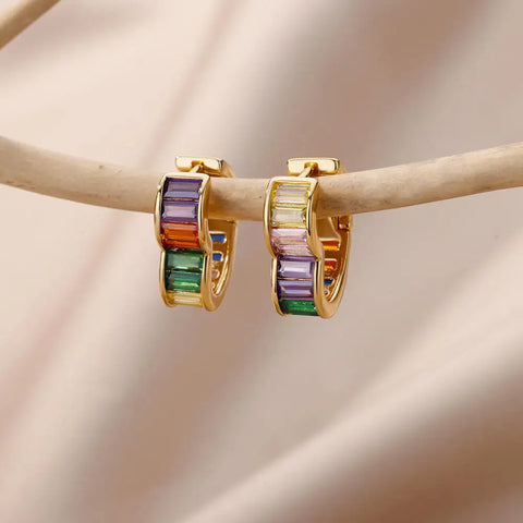 Colored Rainbow Zircon Earrings for Women - Mini Stainless Steel Geometric Circle Jewelry for Weddings and Parties