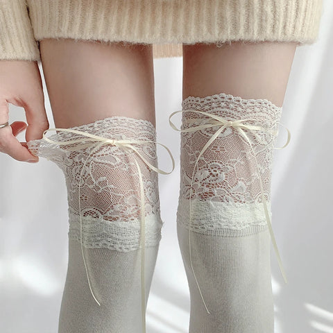 Cute White Lace Tied Ribbon Velvet Over Knee Socks for Women
