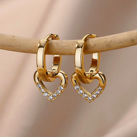 Hollow Zircon Heart Earrings for Women - Luxury Stainless Steel Geometric Jewelry Gift