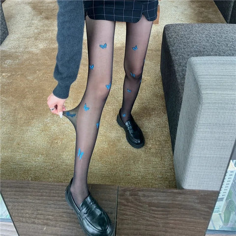 Vintage Y2K Butterfly Tights - Black/Blue Nylon Pantyhose