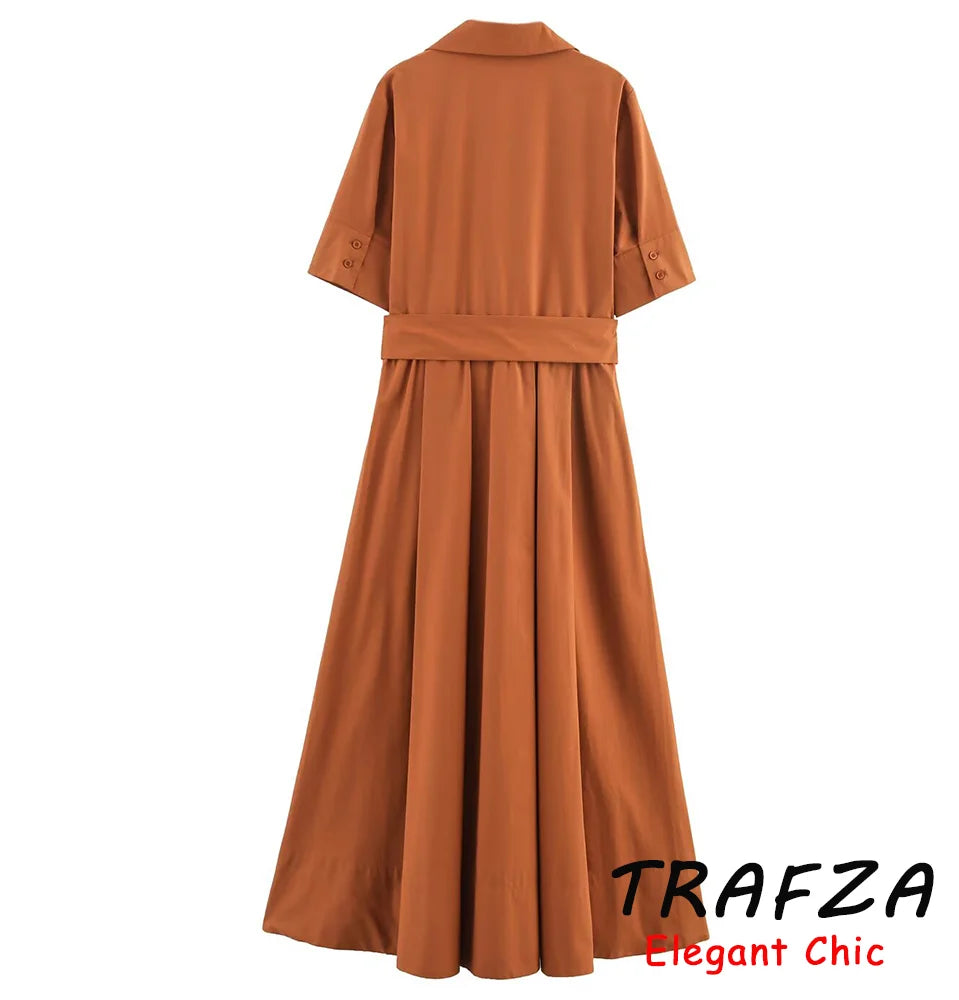 TRAFZA Women Elegant Belt Midi Dress