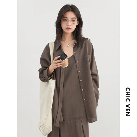 CHIC VEN Women Dress Sets - Stripe Shirt & Loose Casual Dress