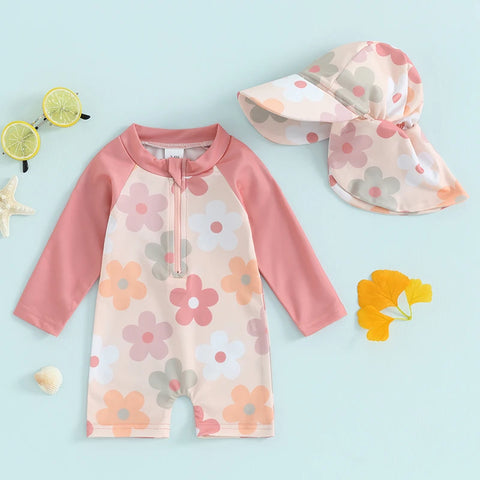 Tregren Toddler Girls Rash Guard Swimsuit with Swim Cap