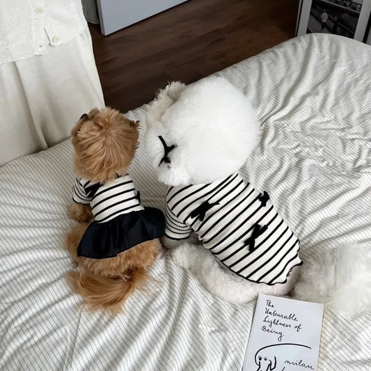 Summer Pet Bow Puppy Shirt Collar Strap Fashion Flying Sleeve Striped Dog Dress Black White Dress Teddy for Small Dog Clothes