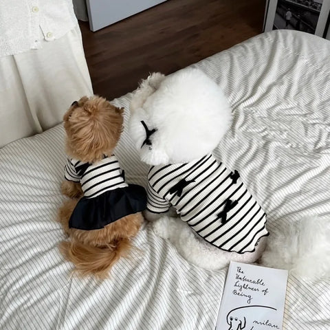 Summer Pet Bow Puppy Shirt Collar Strap Fashion Flying Sleeve Striped Dog Dress Black White Dress Teddy for Small Dog Clothes