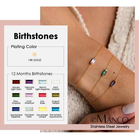 eManco Fashion Jewelry Stainless Steel 7*3MM Square Birthstone Bracelet with Sparkling Rhinestones