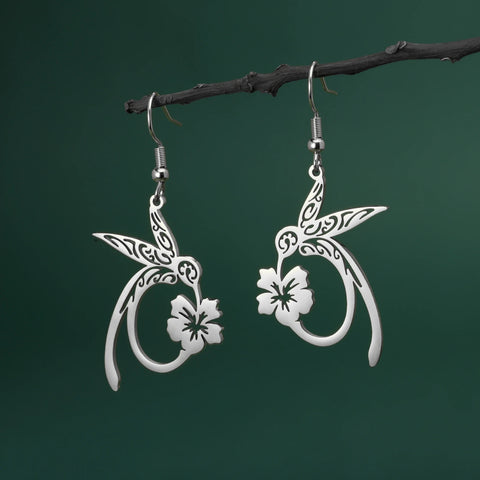 Skyrim Hummingbird Flower Pendant Drop Earrings – Stainless Steel Gold Color Women's Earrings