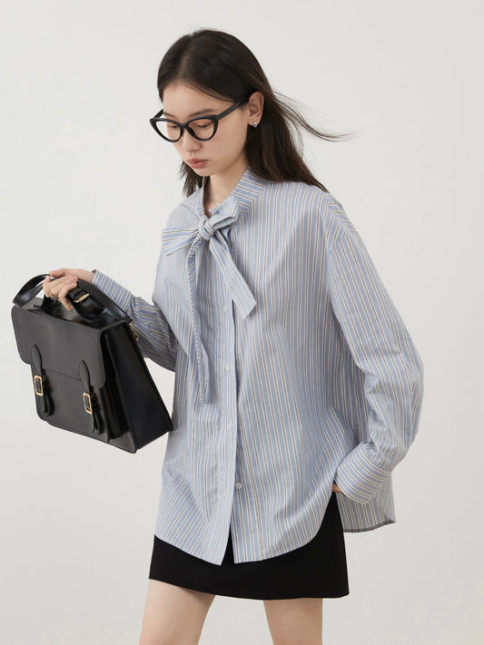 CHIC VEN Dames Blouse met Strik en Strepen 