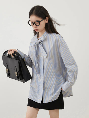 CHIC VEN Dames Blouse met Strik en Strepen 