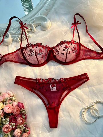 Elegant New Wine See-Through Lingerie Two-Piece Set with Thong and Push-Up Bra