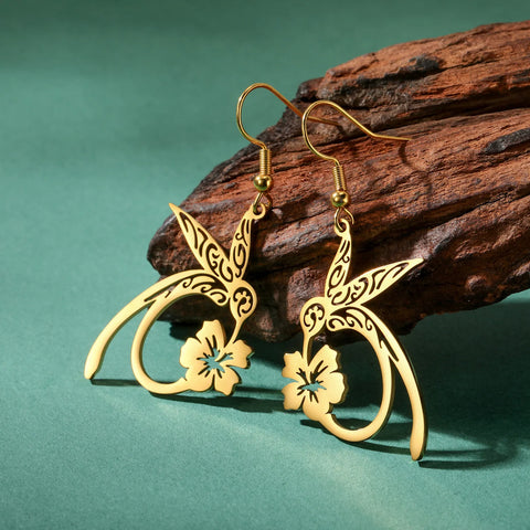 Skyrim Hummingbird Flower Pendant Drop Earrings – Stainless Steel Gold Color Women's Earrings