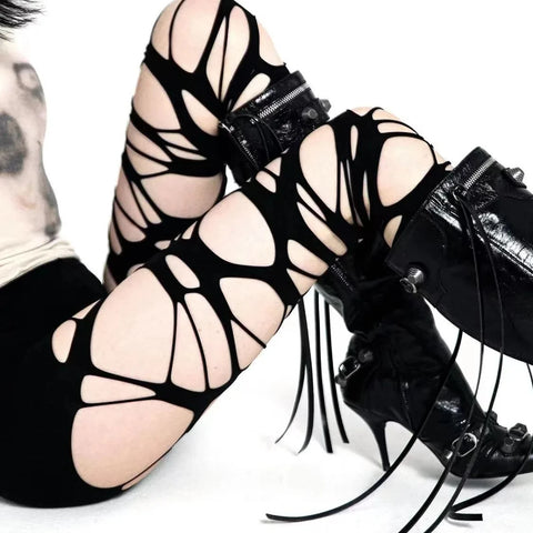 Y2K Punk Women’s Torn Strap Gothic Thigh Knee Socks