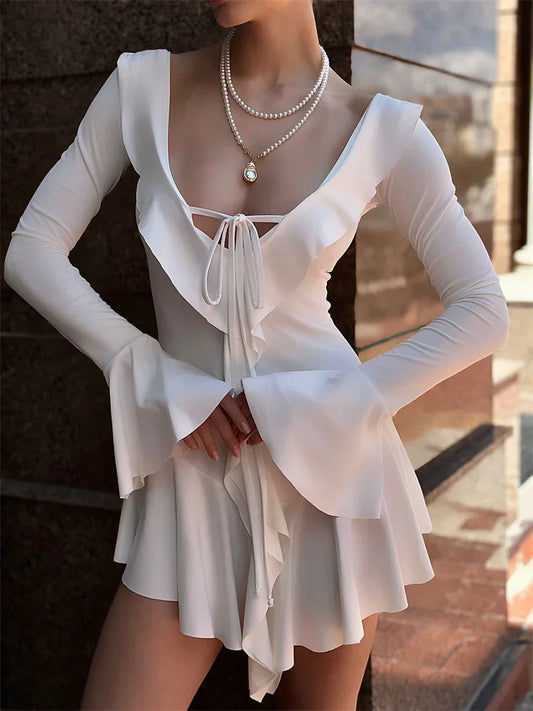Elegant White Ruffled Lace-Up Mini Dress for Women - V-Neck, Long Sleeve, Sexy Slim Fit Summer Dress