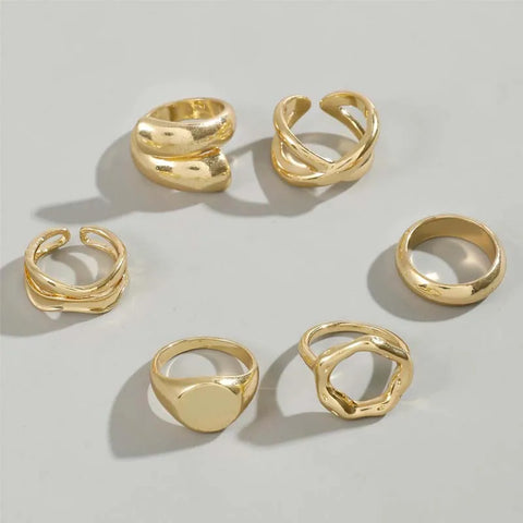6Pcs/Set Gold Color Smooth Geometric Open Rings Set for Women - Chunky Metal Jewelry Gift