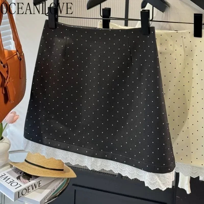 OCEANLOVE Lace Ruffles Mini Skirt - Spring Summer Polka Dot A-line Jupe Femme