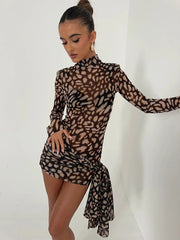 Fantoye Turtleneck Sexy Sheer Print Leopard Bandage Dress - Elegant Mini Dress for Women