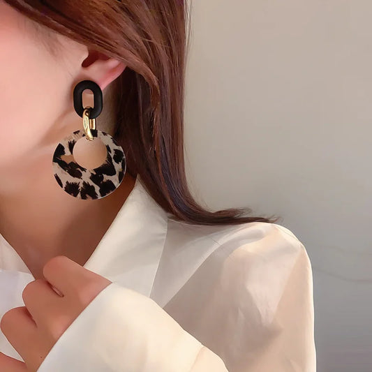 Vintage Black Leopard Print Circle Drop Earrings for Women - Trendy Acrylic Round Geometric Dangle Jewelry 2025