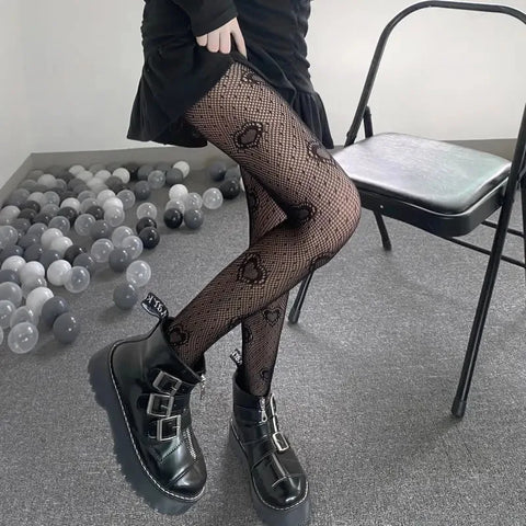 Heart Flower Mesh Japanese Girl Lolita Tights - White Fishnet Stockings for Women