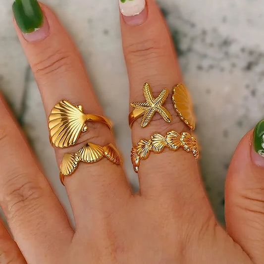 Vintage Shell Rings for Women - Gold Color Stainless Steel Wedding Statement Jewelry
