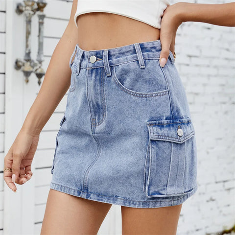 Benuynffy Amerikaanse Retro Multi-pocket Denim Rok voor Dames – Zomer Hoge Taille Slanke Bodycon A-lijn Cargo Mini Rokken 2025