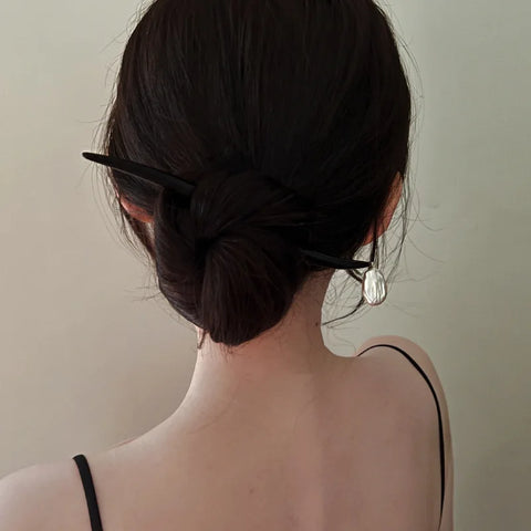 Chinese Style Natural Baroque Irregular Pearl Geometric Hairpin with Curved Sandalwood - Classic Hair Ornaments