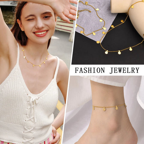 Delicate Small Multiple Coins Disc Necklace for Women - Gold Stainless Steel Waterproof