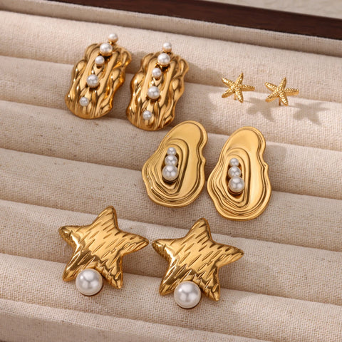Vintage Pearl Starfish Stainless Steel Stud Earrings - Ocean-Inspired Jewelry for Women