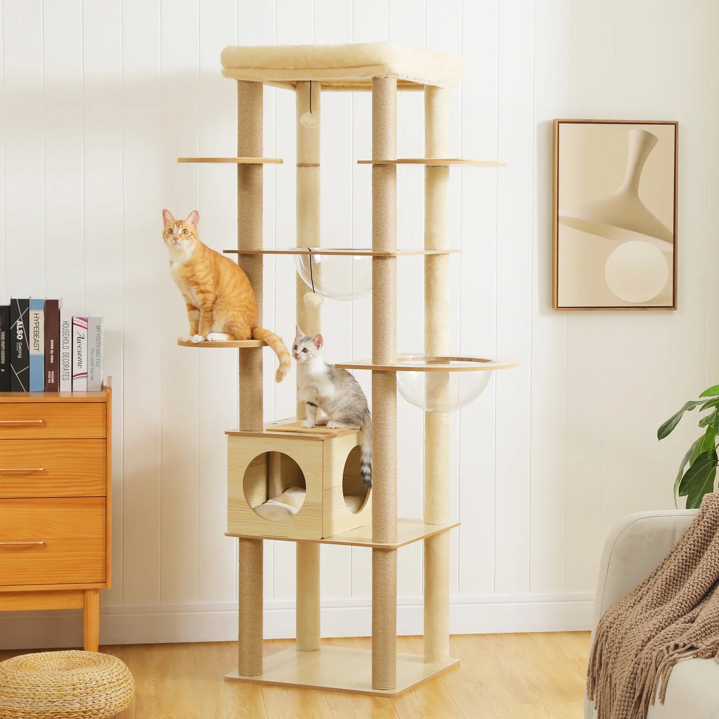 Multi-Level Cat Tree for Indoor Cats - Spacious Wood Tower with Scratching Posts, Hammock, and Perch