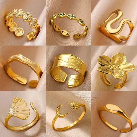 Minimalist Texture Stainless Steel Geometric Rings for Women - Gold Color Opening Couple Ring for Aesthetic Weddings and Christmas Jewelry