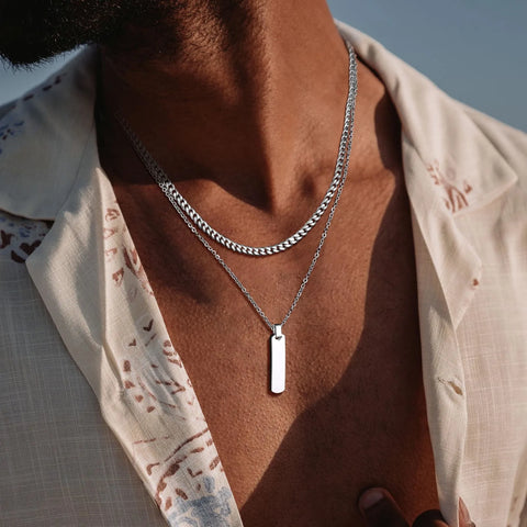 2pcs Vertical Layer Necklaces for Men and Boys | Waterproof Stainless Steel Cuban Chain Collar