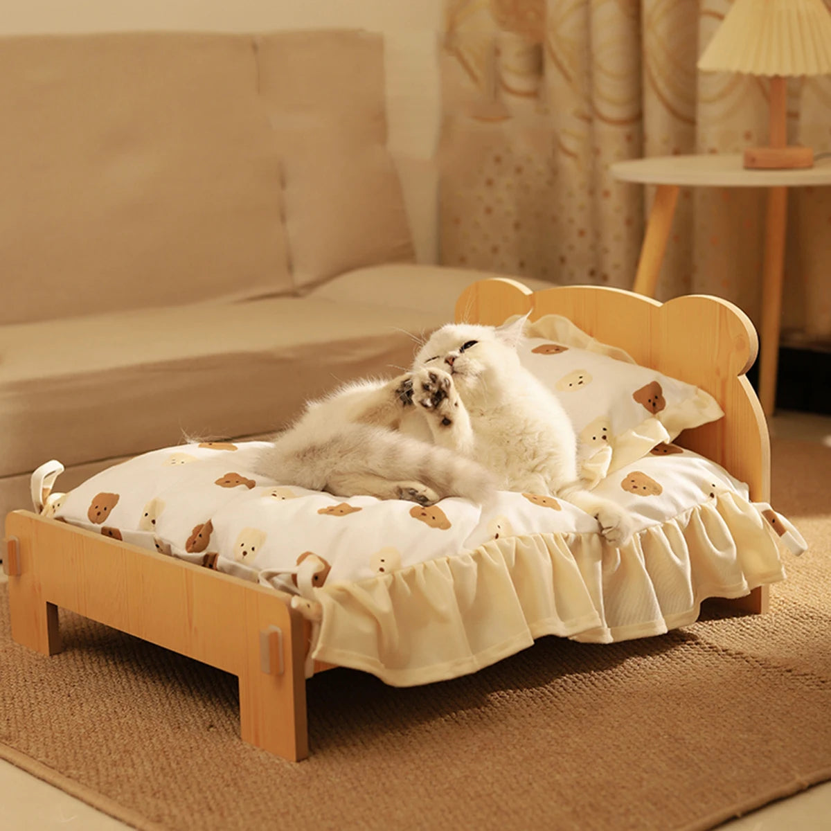 Wooden Cat and Dog Bed with Teddy Bear Pattern - Cozy Indoor Pet Furniture (20*11 inch)
