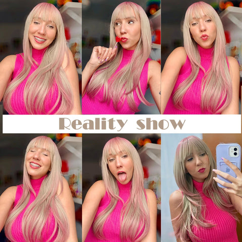 Gray Ash Blonde Pink Highlight Synthetic Hair Wigs with Bangs - Long Straight Ombre Cosplay Wig for Women