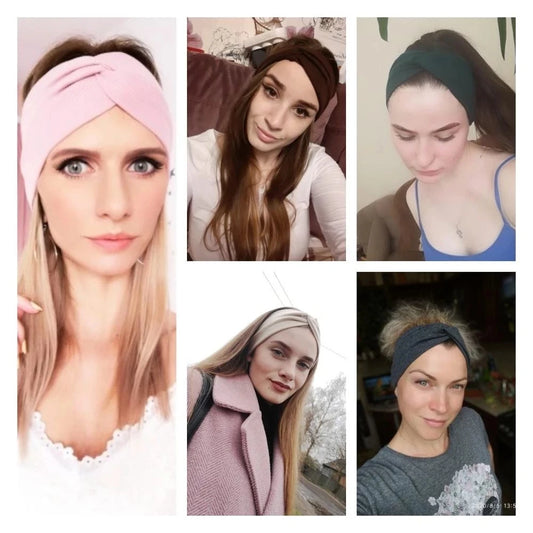 Women Girls Solid Color Knitted Cotton Headbands - Vintage Cross Turban Hair Accessories