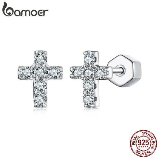 BAMOER White Gold Moissanite Cross Earrings – 925 Sterling Silver Stud Huggies