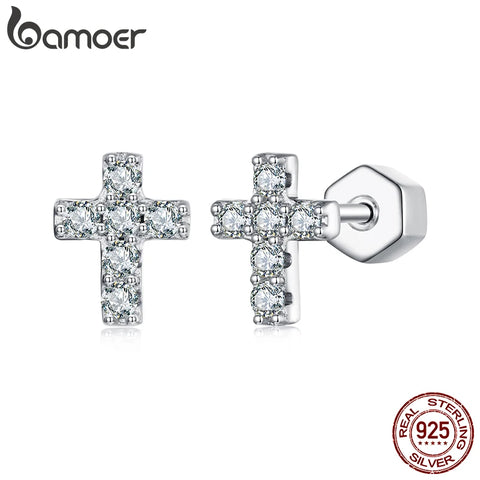 BAMOER White Gold Moissanite Cross Earrings – 925 Sterling Silver Stud Huggies
