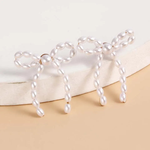 Vintage White Imitation Pearl Bowknot Stud Earrings for Women - Handmade Woven Beaded Statement Jewelry 2024