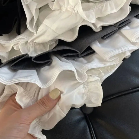 Mooyufon Ruffles Zwarte Minirok voor Dames - Koreaanse Patchwork Geplooide Rokken