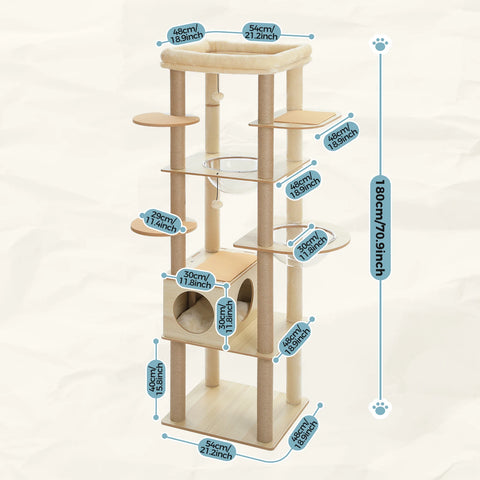 Kattenboom met meerdere niveaus voor binnenkatten - Ruime houten toren met krabpalen, hangmat en zitstok