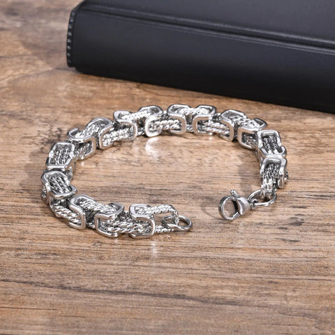 Men's Chunky Byzantine Bracelet - Retro Grey 8mm Stainless Steel Braided Link Wristband