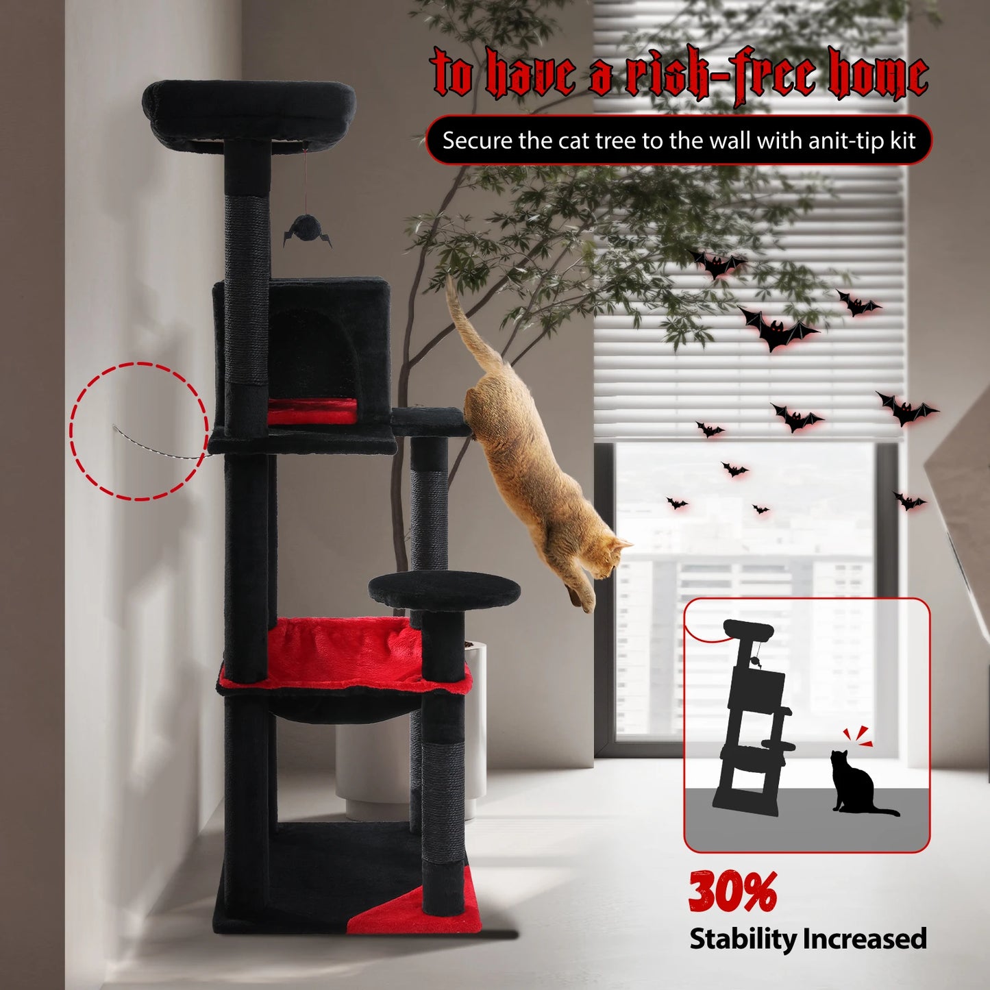 Gothic Cat Tree for Indoor Cats with Large Hammock and Scratching Posts
